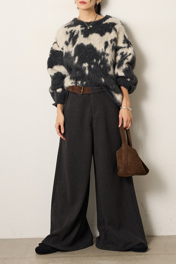 [SET]モヘアタッチマーブルニット+サイドベルトパンツ(2set)