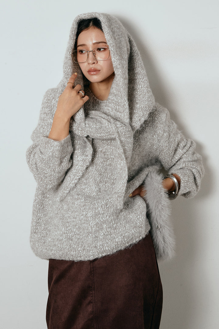 [SET]スカーフ付きミックスニットトップス+スウェードライク裾フリンジスカート(2set)