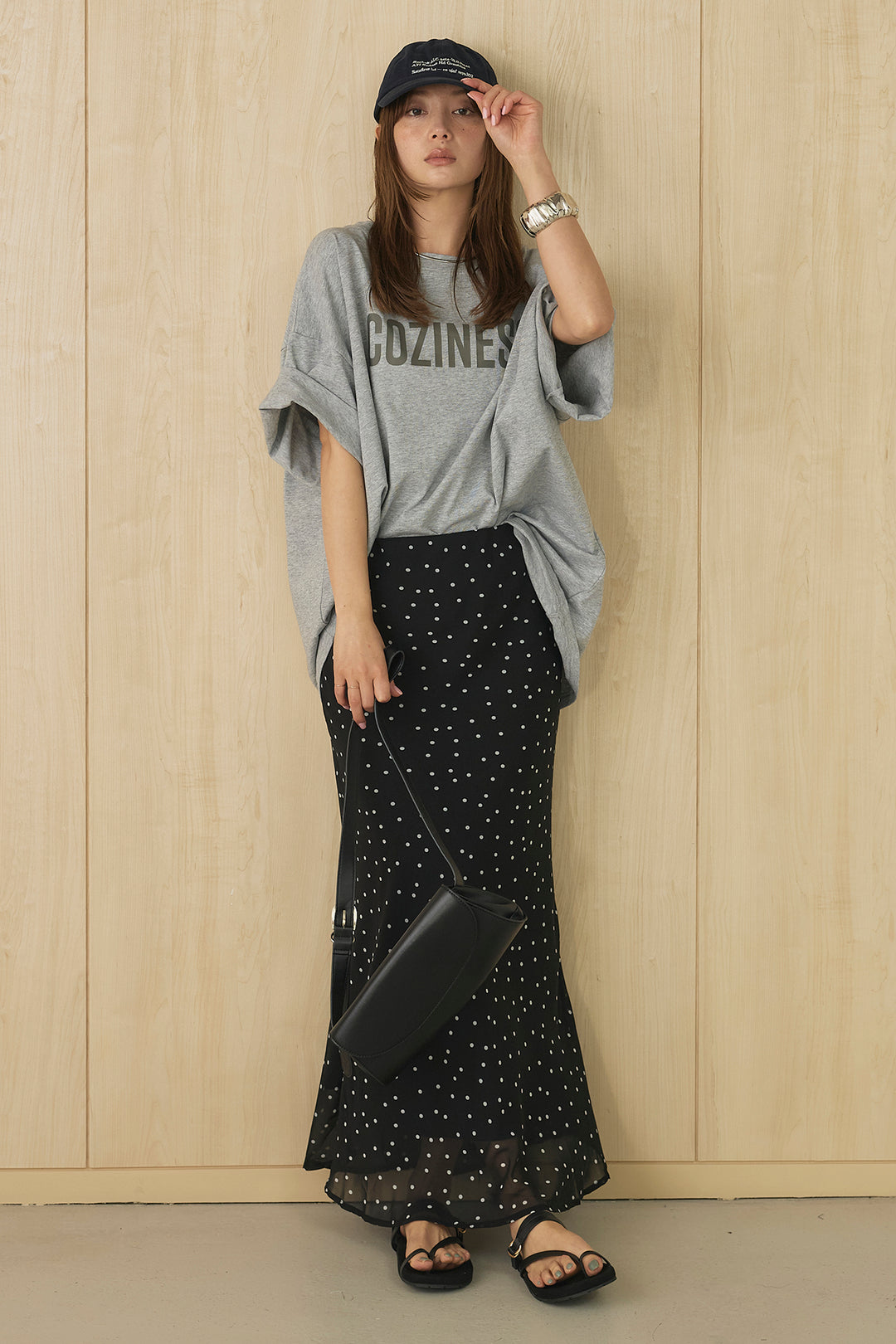 [SET]プリントロゴチュニックTシャツ+ドットサテンナロースカート(2set)