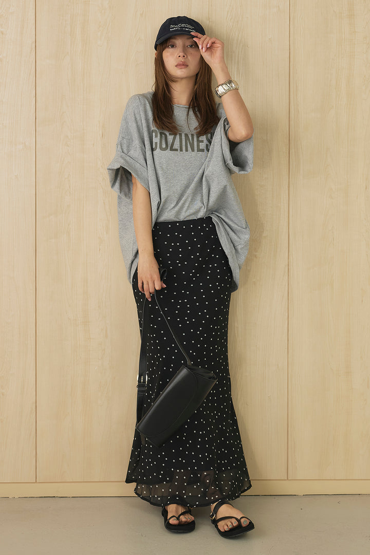[SET]プリントロゴチュニックTシャツ+ドットサテンナロースカート(2set)