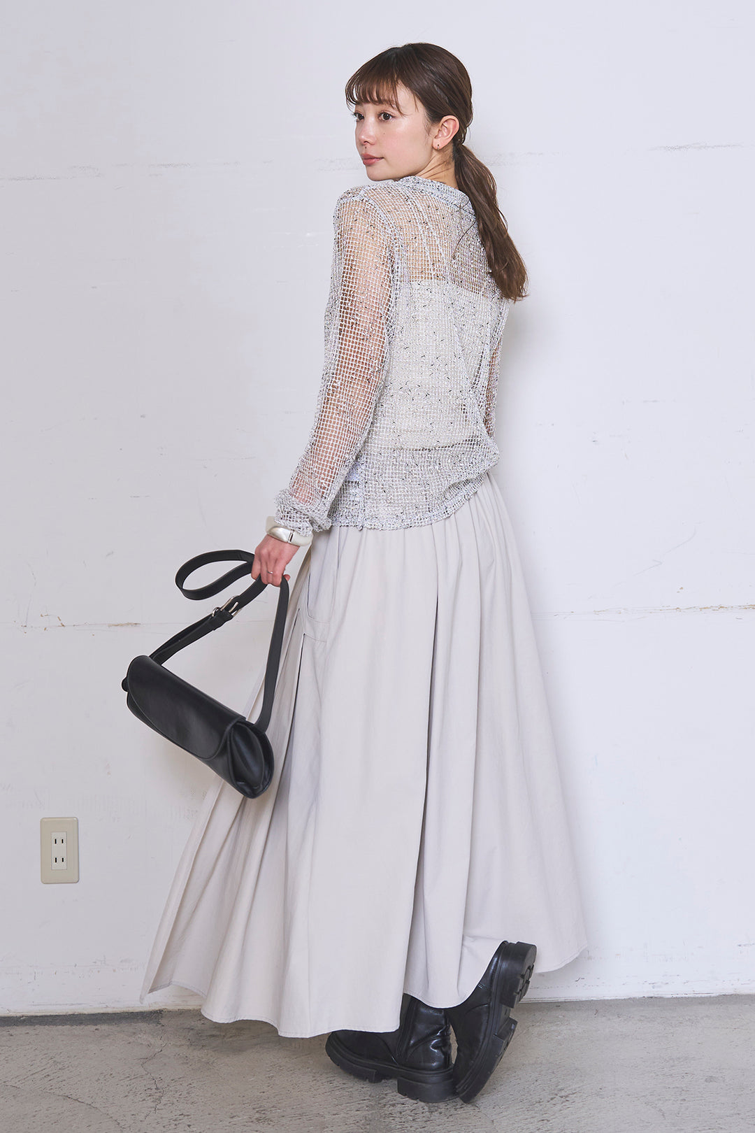 [SET]ネップメッシュポロ襟カーディガン+ラップレイヤードアシンメトリーデザインスカート(2set)