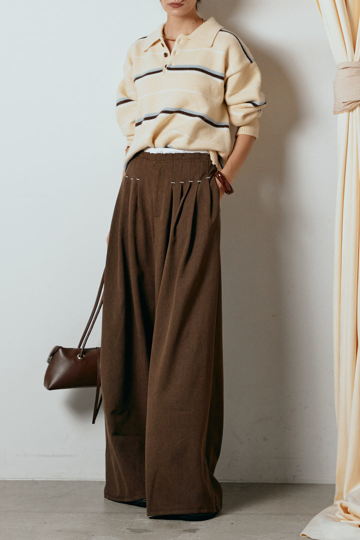 [SET]襟付きマルチボーダーニットポロトップス+ウエストステッチデザインワイドスラックス(2set)