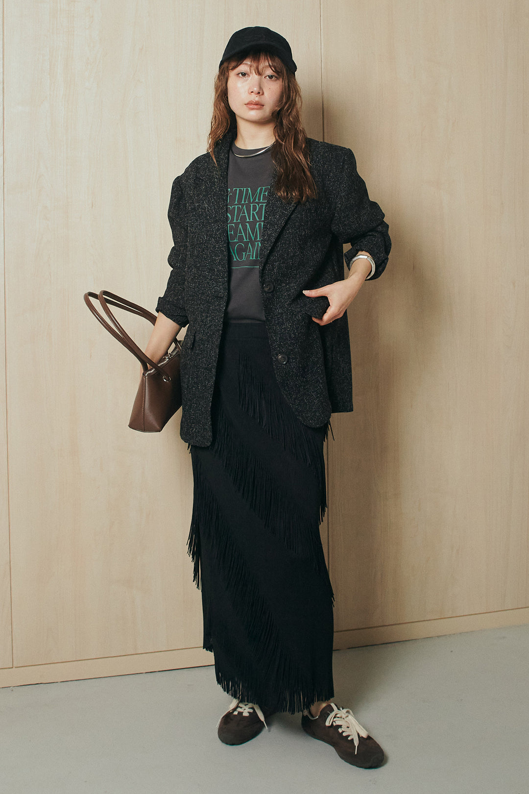 [SET]ミックスツイードベルト付きジャケット+斜めフリンジデザインスカート(2set)