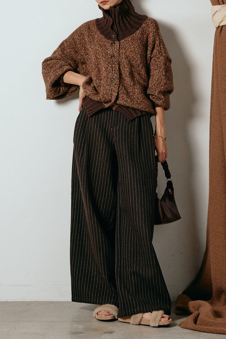 [SET]ハイネックミックスニットカーディガン+ウールライクストライプパンツ(2set)