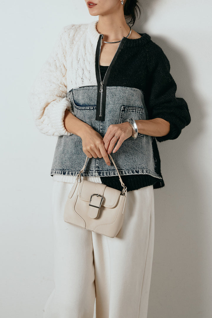 [SET]ハーフジップニットデニムドッキングトップス+裏起毛スウェットワイドパンツ(2set)