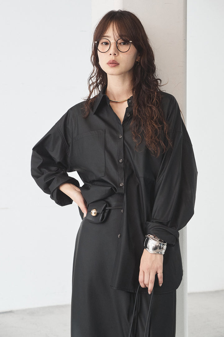 [SET]ウォッシャブルエコレザービックカフスシャツ+ウォッシャブルエコレザーナロースカート(2set)