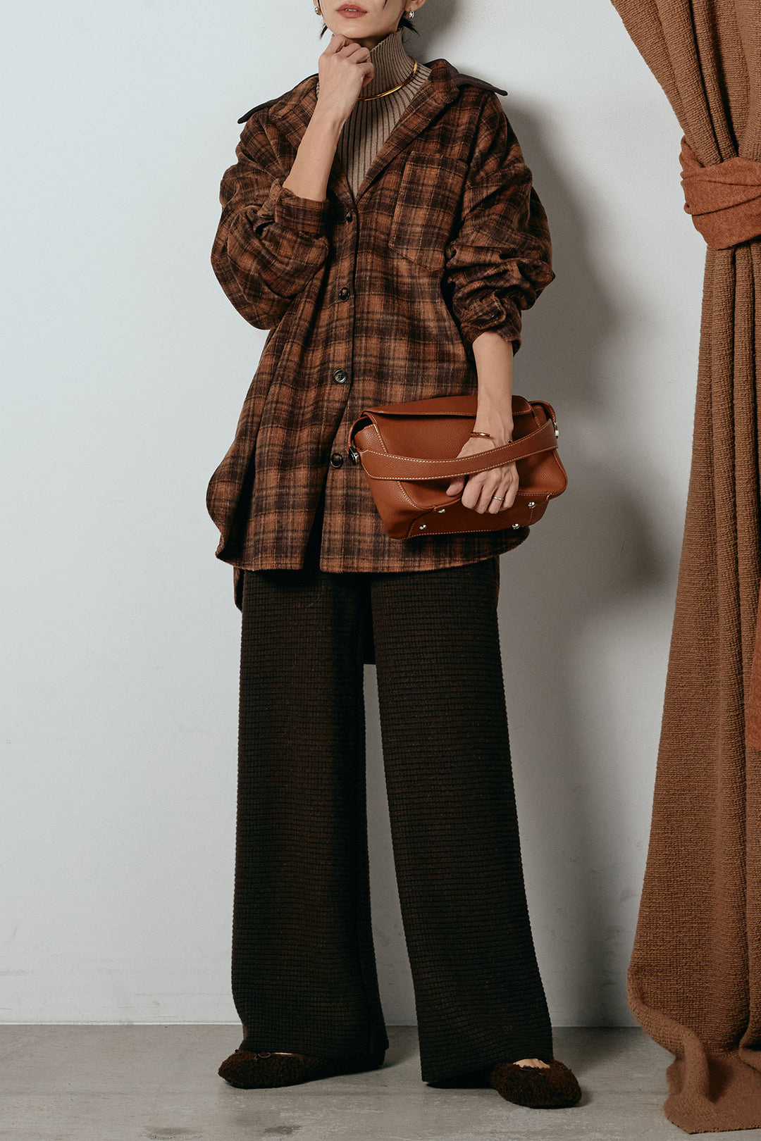 [SET]シャギーチェックシャツジャケット+ワイドリブニットイージーパンツ+リブニットシームレスタートルプルオーバー(3set)