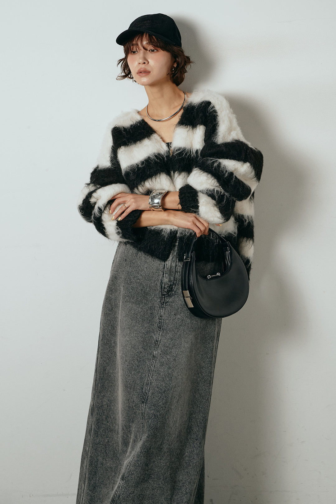 [SET]シャギーボーダー柄ニットカーディガン+デニムロングフレアスカート(2set)