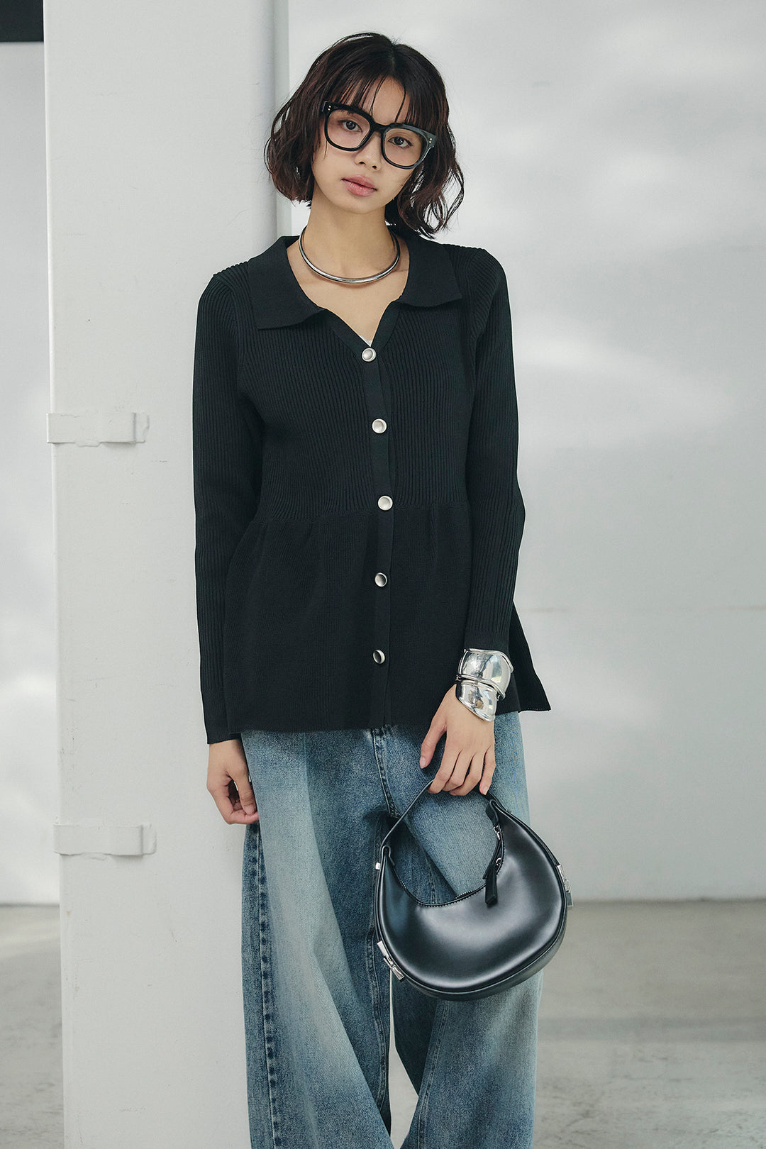 [SET]スキッパーペプラムニット+ウエスト裁ち切りデニムワイドパンツ(2set)