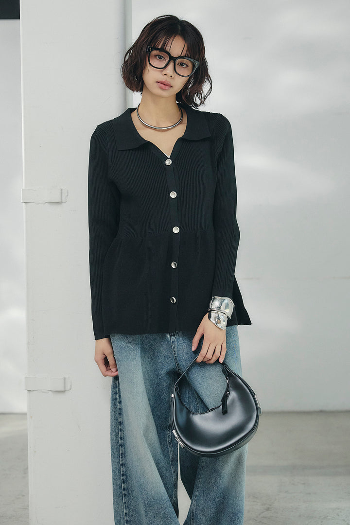 [SET]スキッパーペプラムニット+ウエスト裁ち切りデニムワイドパンツ(2set)