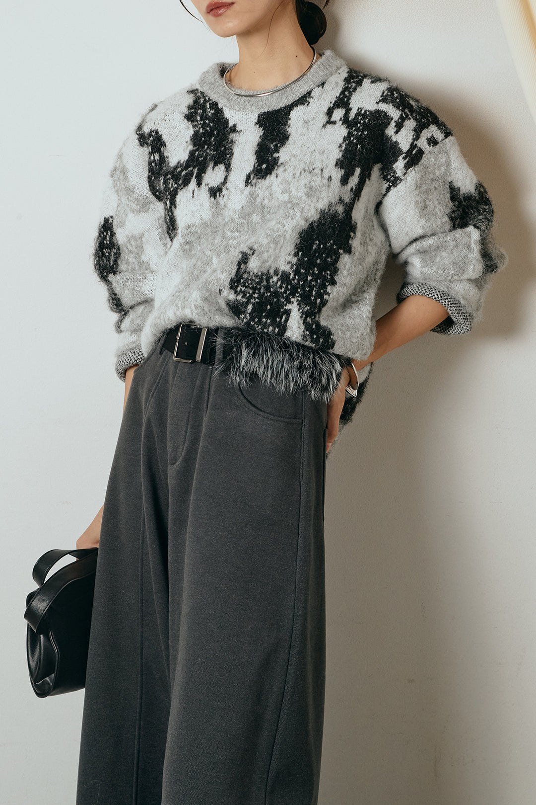 [SET]起毛ニュアンス柄ニットプルオーバー+ファーベルト付きワイドパンツ(2set)