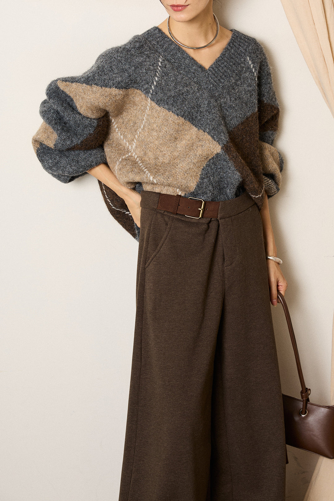 [SET]ルーズアーガイルVネックニット+サイドベルトパンツ(2set)