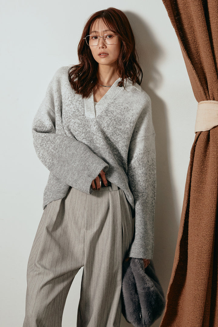 [SET]グラデーションラメニットキーネックプルオーバー+ストライプヘリンボーンパンツ(2set)