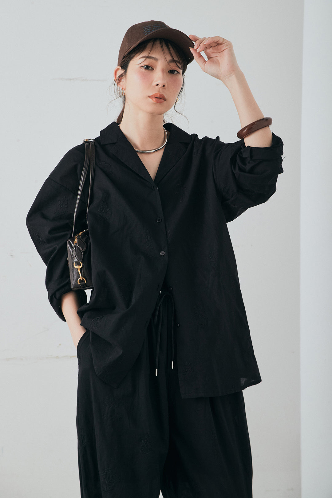 [SET]刺繍ローンオープンカラーシャツ+刺繍ローンタックイージーパンツ(2set)