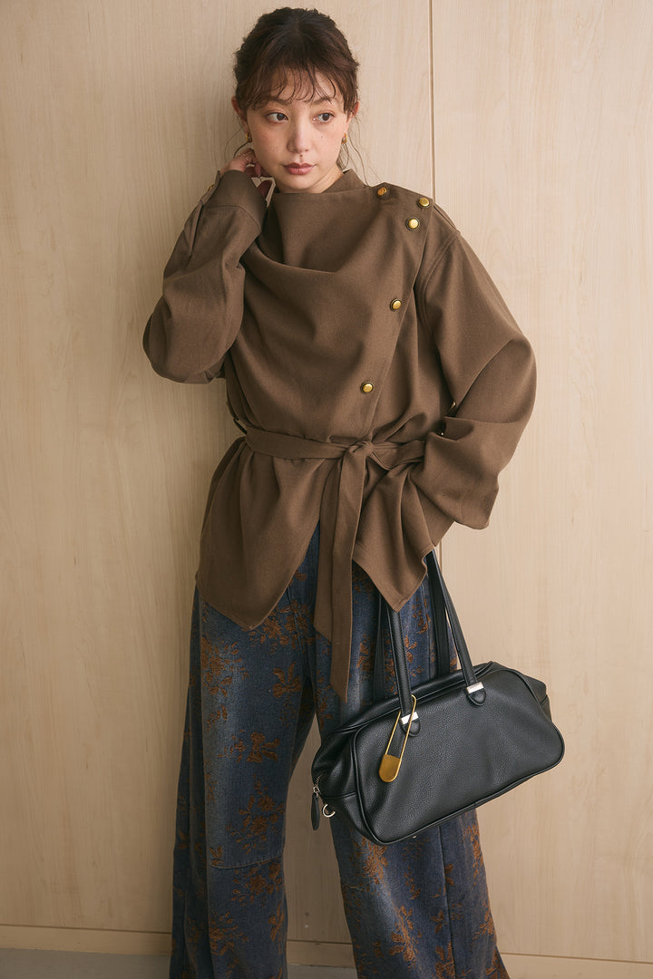 [SET]起毛ネックドレープシャツ+フラワーモチーフ刺繍カーブデニム(2set)