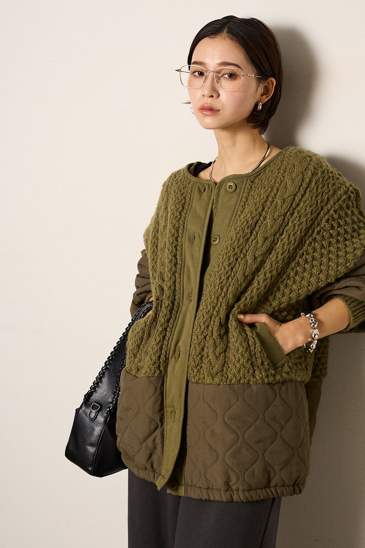 [SET]アラン編みニットノーカラー裾キルティングブルゾン+裏起毛スウェットワイドパンツ(2set)