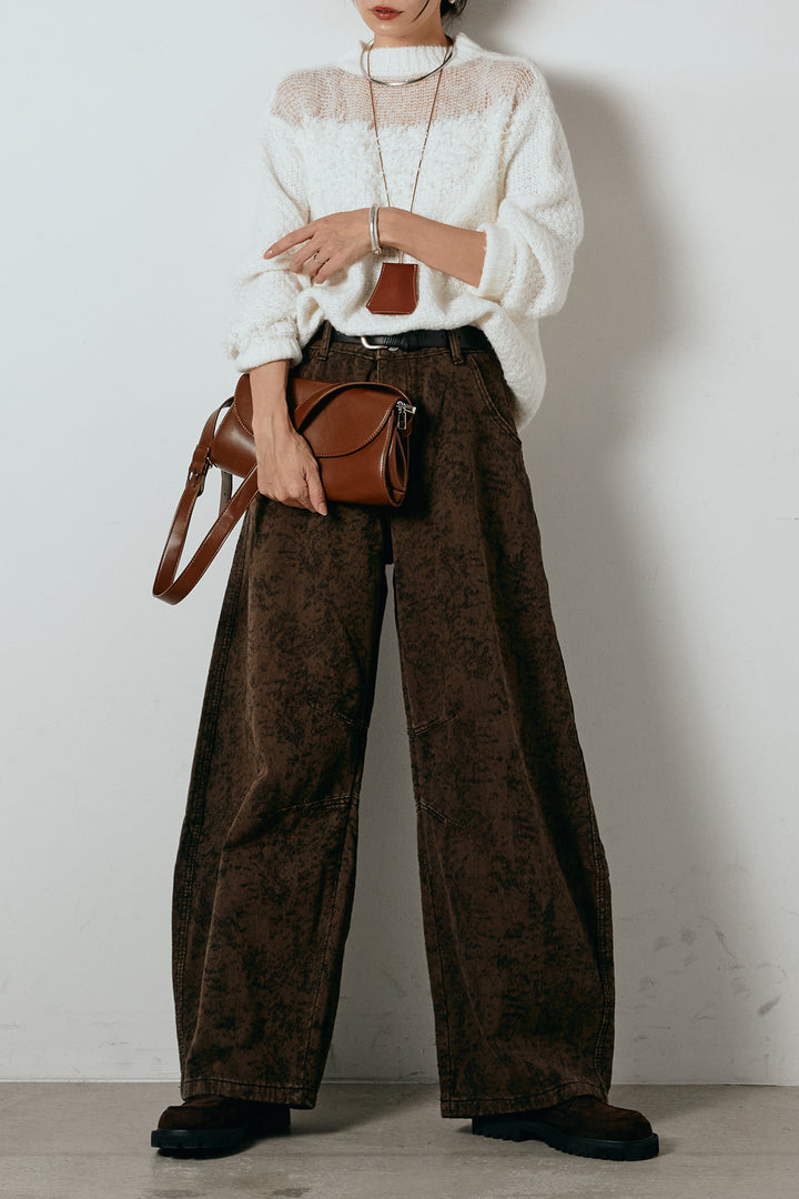 [SET]パターンランダム編みニットトップス+ベルト付きニュアンス柄カーブワイドパンツ(2set)