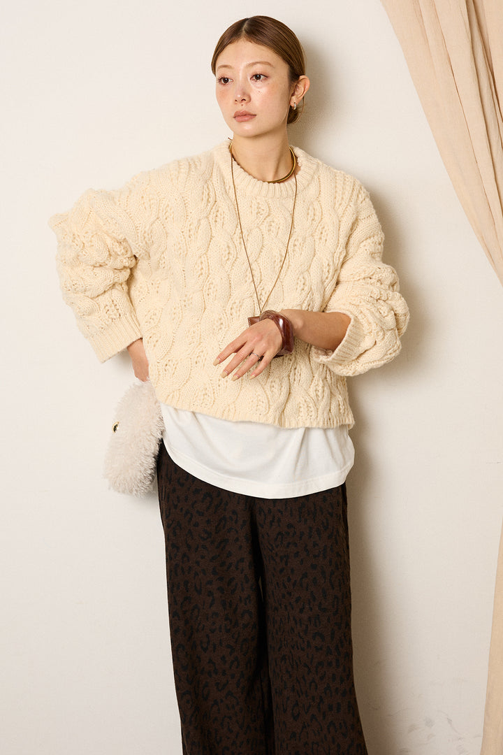 [SET]ケーブルリラックスショートニット+箔プリントBIGシルエットロングスリーブTシャツ+レオパードジャガードニットパンツ(3set)