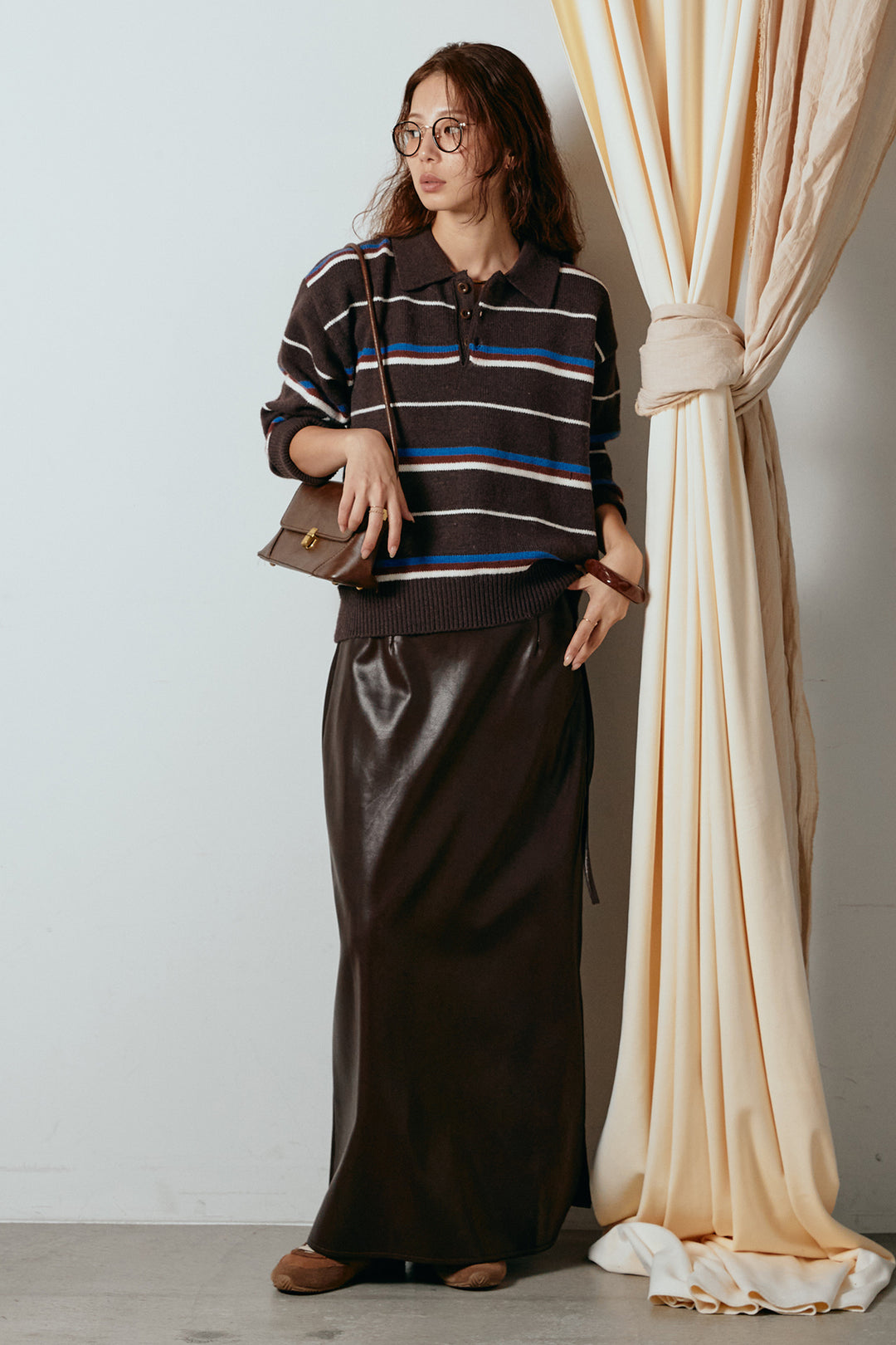 [SET]襟付きマルチボーダーニットポロトップス+紐付きフェイクレザーワイドスカート(2set)