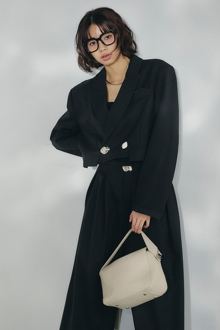 [SET]メタルプレートショート丈ジャケット+メタルプレートタックワイドパンツ(2set)