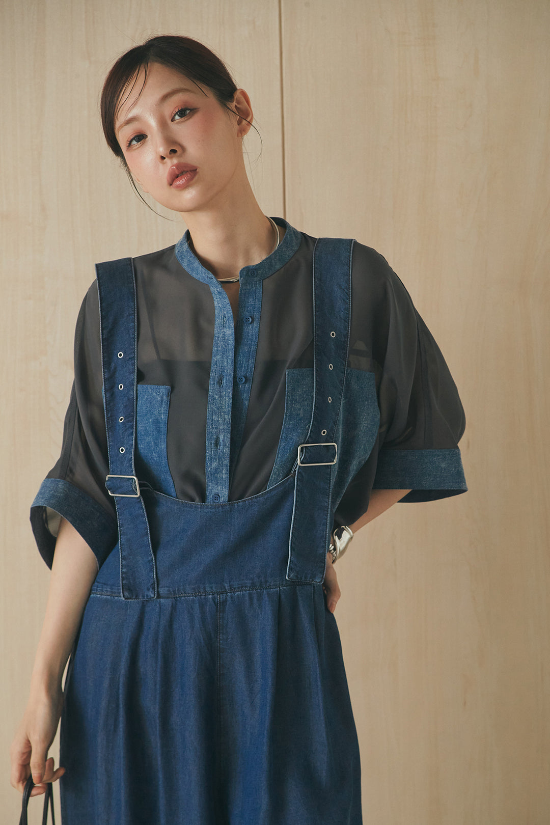 [SET]デニムライクビッグツーポケシアーシャツ+前後2WAYテンセルデニムサロペット(2set)
