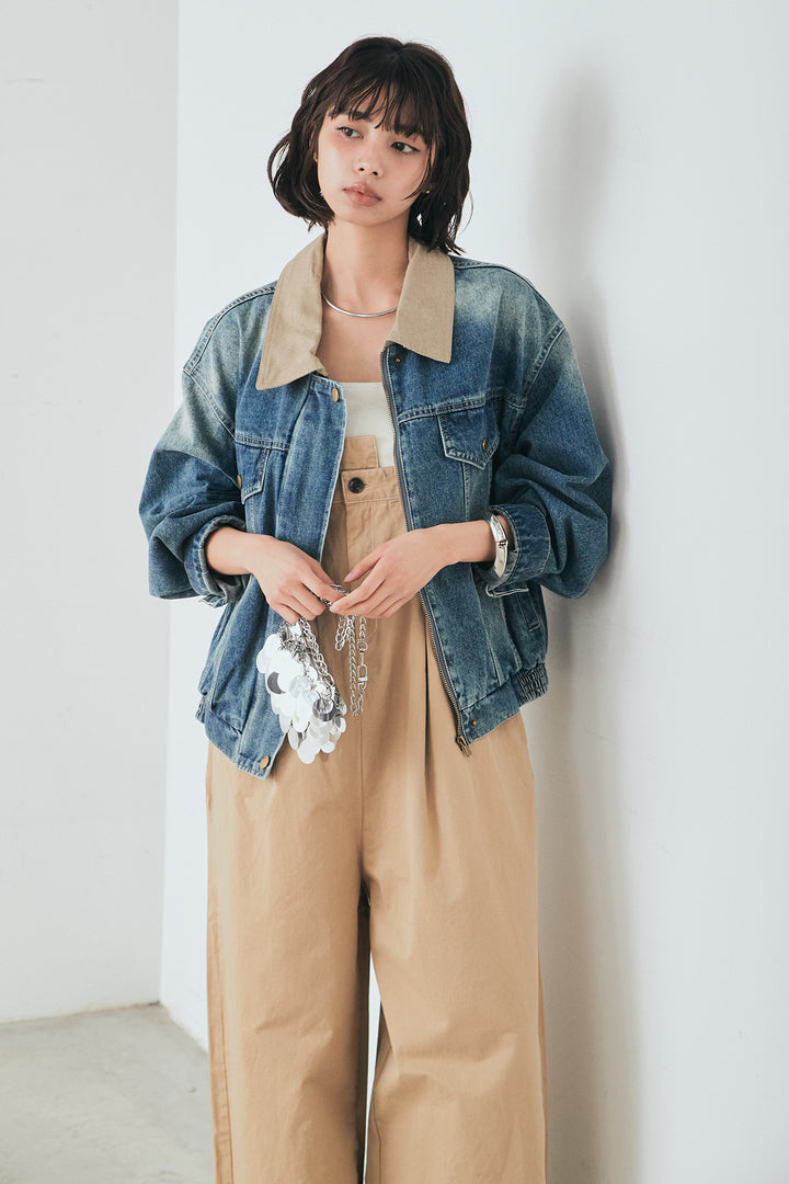 [SET]襟切り替えジップデニムジャケット+綿ツイルアシメサロペット(2set)