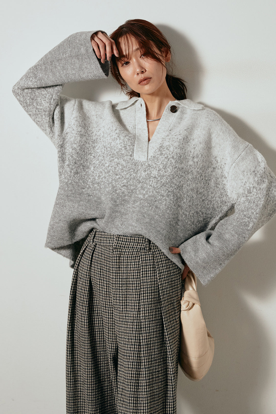 [SET]グラデーションラメニットキーネックプルオーバー+ガンクラブチェックタックパンツ(2set)