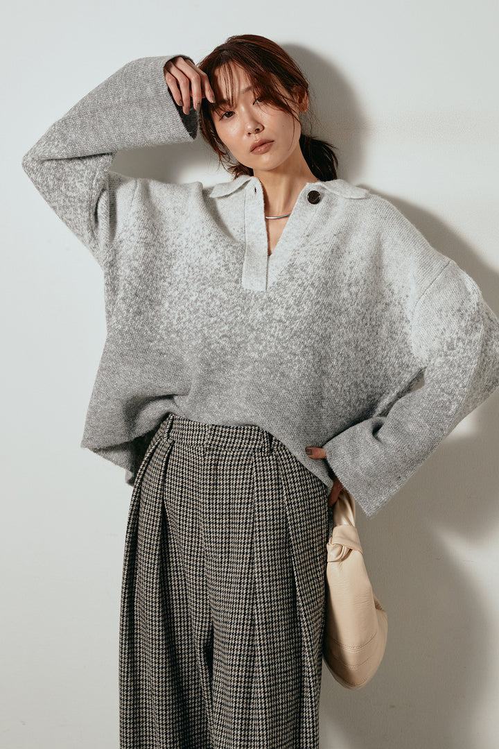 [SET]グラデーションラメニットキーネックプルオーバー+ガンクラブチェックタックパンツ(2set)