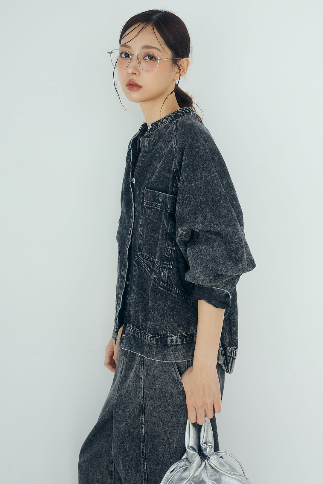 [SET]カラーデニムケミカル加工ノーカラーブルゾン+カラーデニムケミカル加工コクーンパンツ(2set)