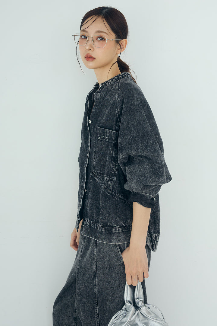 [SET]カラーデニムケミカル加工ノーカラーブルゾン+カラーデニムケミカル加工コクーンパンツ(2set)