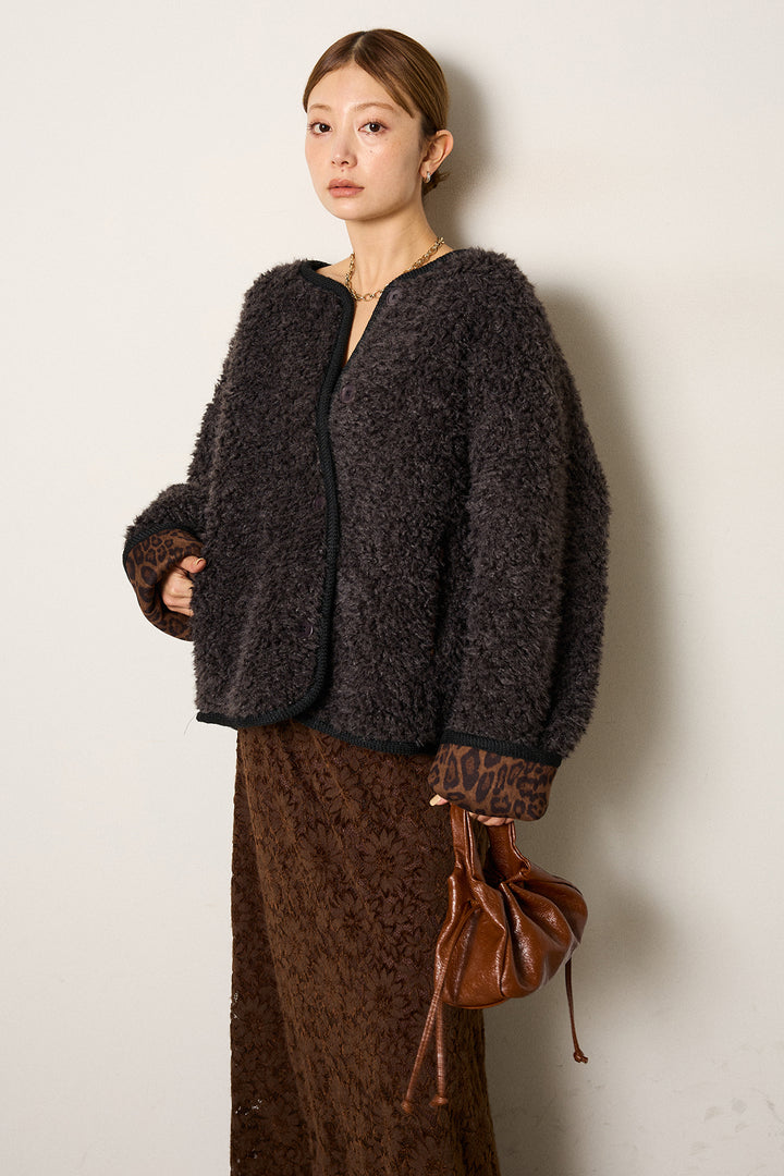 [SET]ノーカラー裏地レオパードボアアウター+花柄刺繍ベロアフレアスカート(2set)