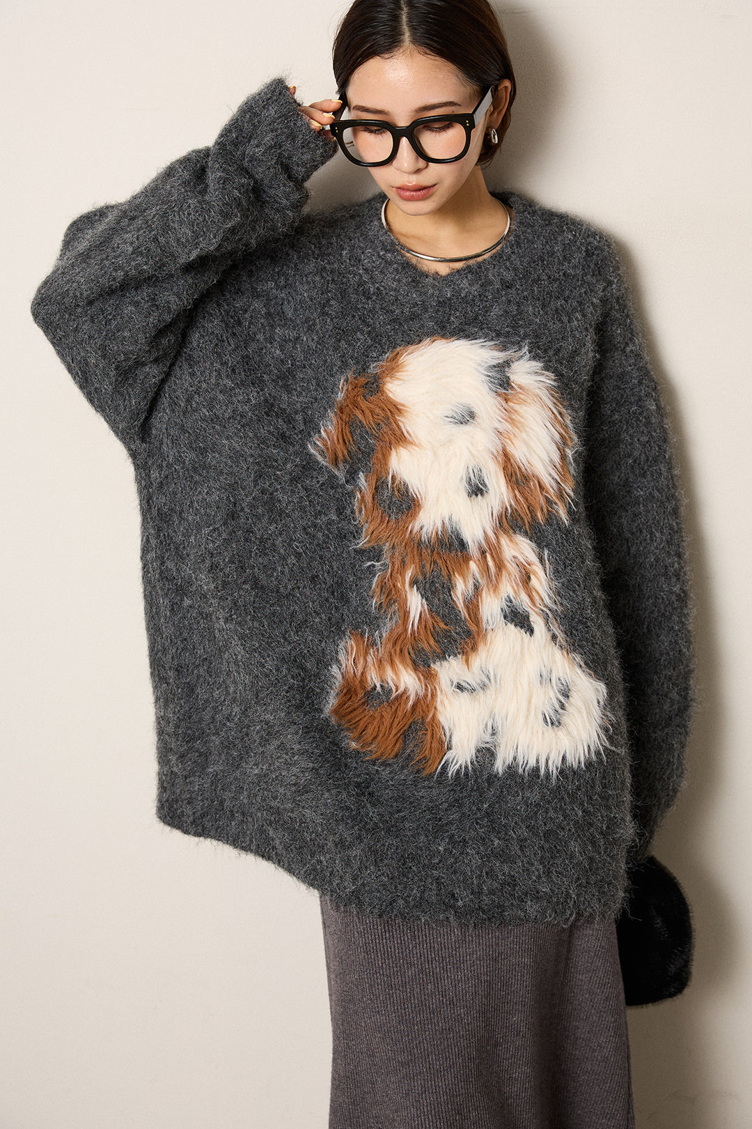 [SET]シャギーニュアンスアニマルニット+リブナローニットスカート(2set)