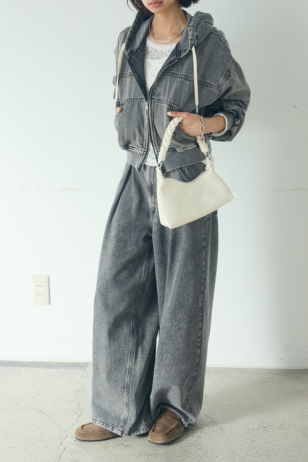 【着回しセット】[SET]デニムダブルジップパーカーブルゾン+デニムタックカーブパンツ+デニムダブルジップパーカーブルゾン(3set)