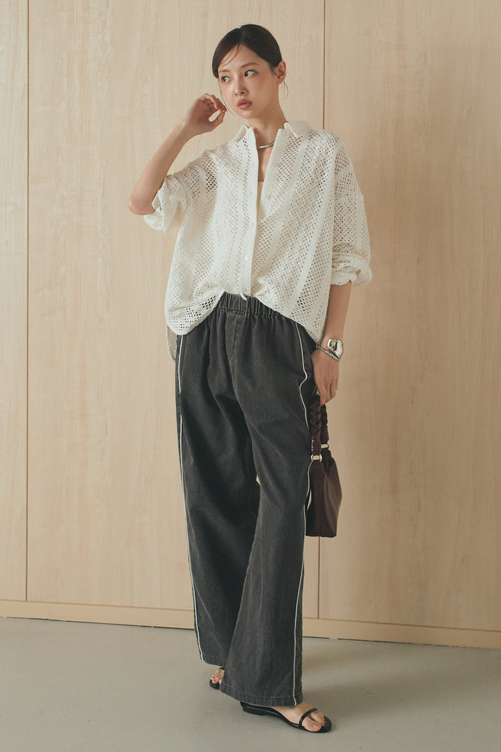[SET]長袖襟付きレースシャツ+ドロストサイドラインデニムパンツ(2set)