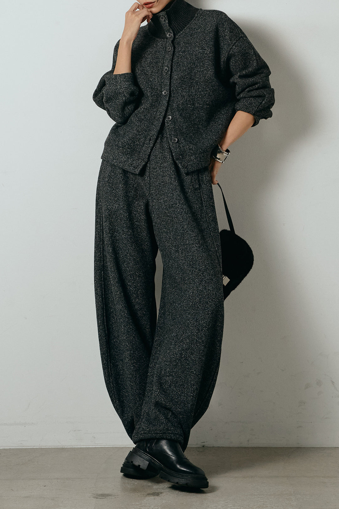 [SET]リブスタンドネックボタントップスSETUP