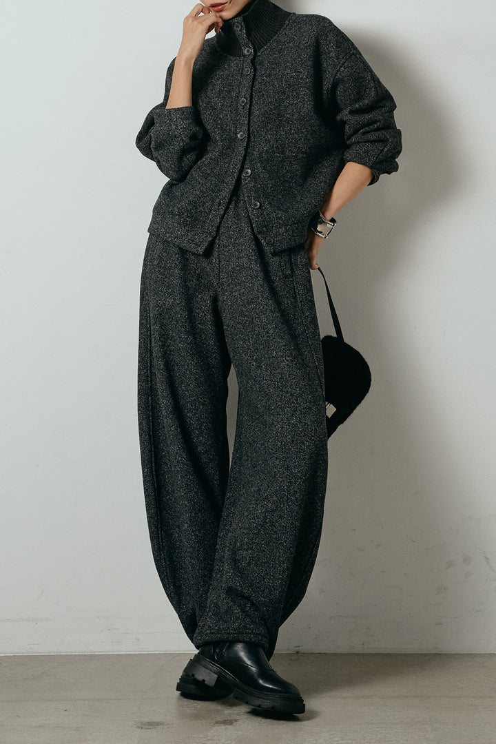 [SET]リブスタンドネックボタントップスSETUP