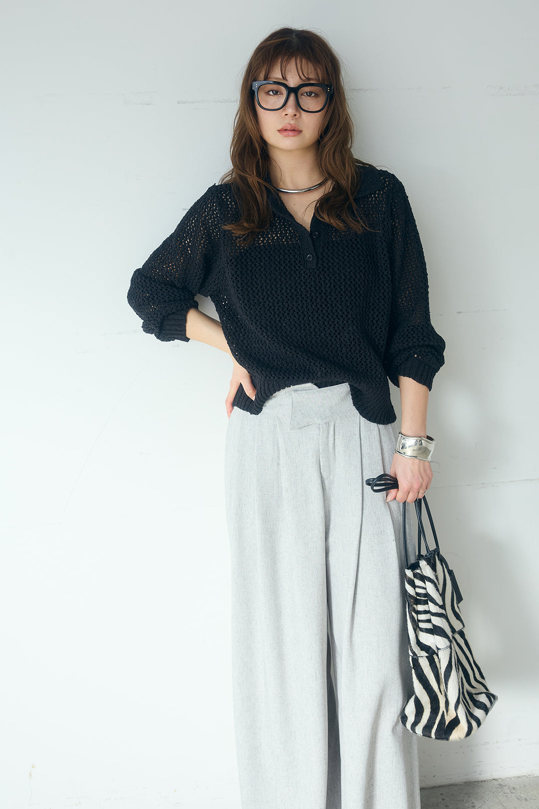 [SET]ミックスメッシュポロニット+麻混タックワイドパンツ(2set)