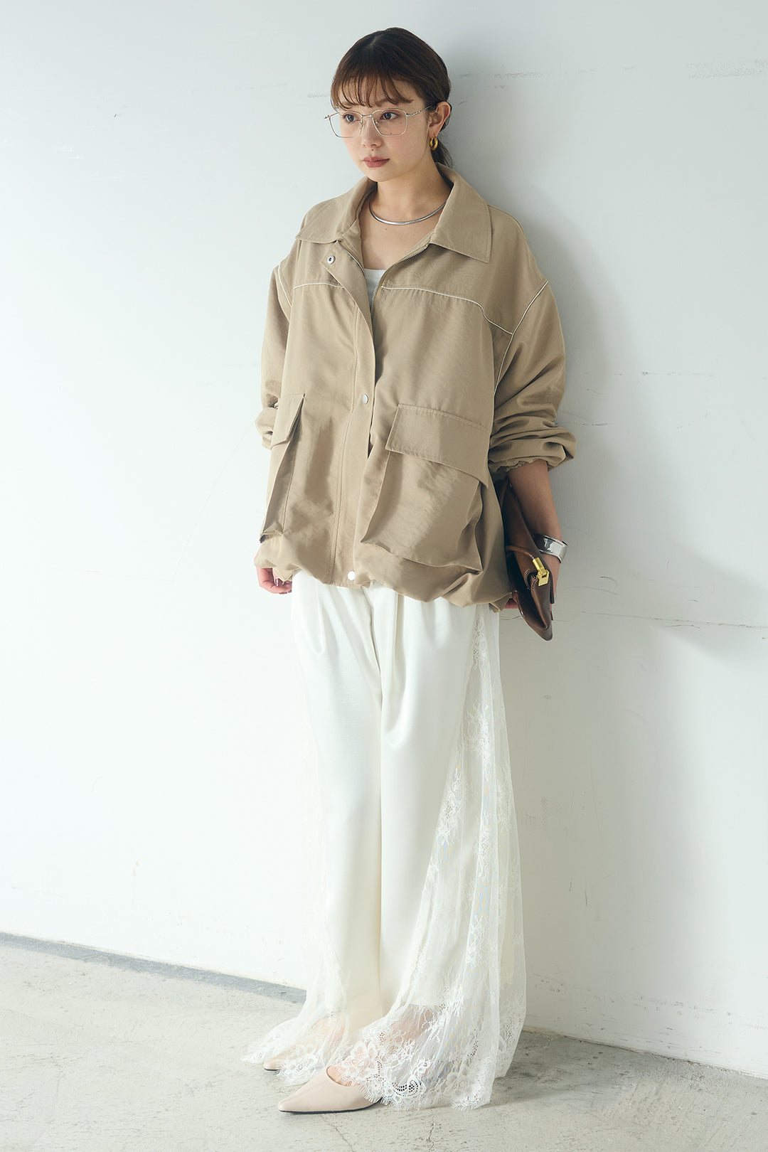 [SET]合繊ツイルバルーンジャケット+サテンレース切り替えタックパンツ(2set)