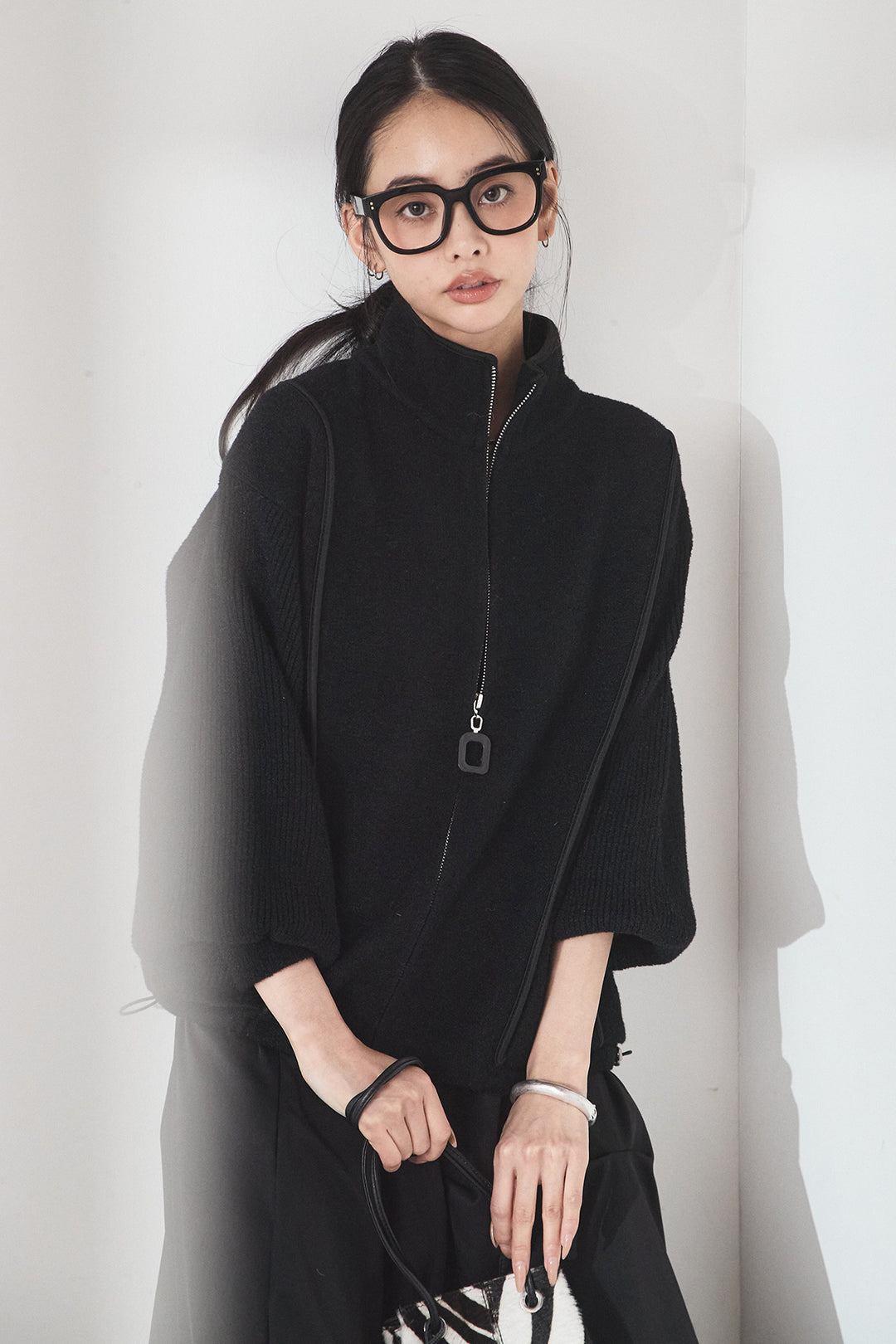 [SET]ハイネックパイピングデザインブルゾン+ランダムタックバルーンスカート(2set)