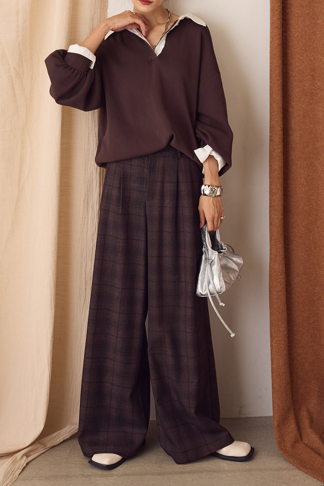 【即納】タック入りタータンチェックワイドパンツ