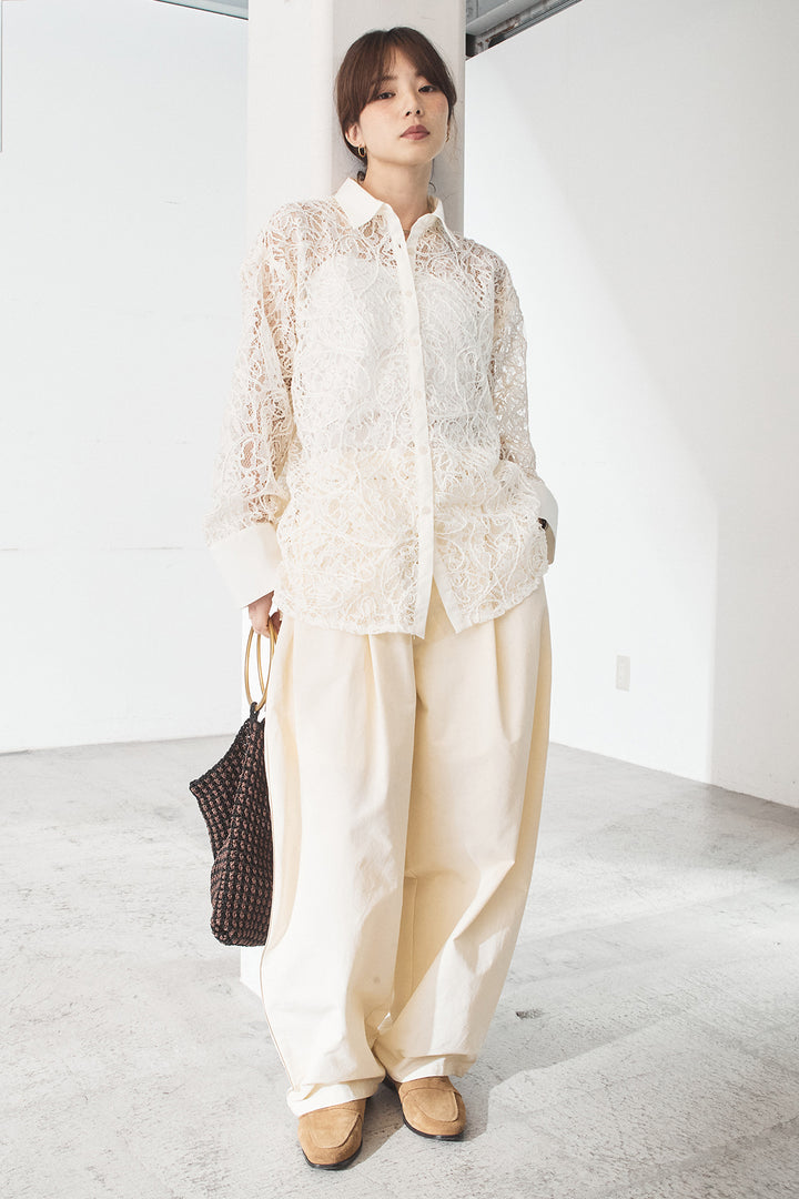 [SET]刺繍レースオーバーサイズシャツ+合繊ツイルパイピングタックカーブパンツ(2set)