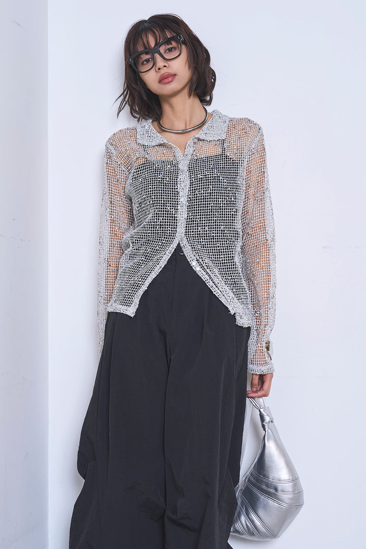 [SET]ネップメッシュポロ襟カーディガン+ドライタフタタックバレルパンツ(2set)