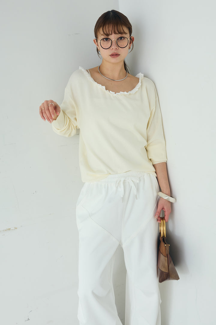 [SET]クールクール異素材コンビオフショルプルオーバー+ランダムタックデザインワイドパンツ(2set)