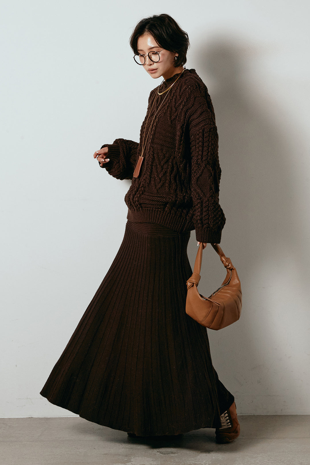 [SET]アラン柄ミックスケーブルニット+編み地切り替えフレアニットスカート(2set)