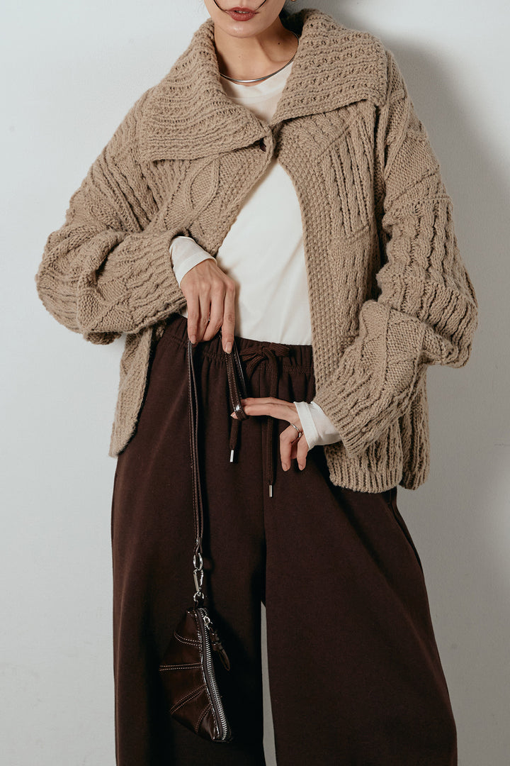 [SET]ビッグカラーケーブル編みニットトップス+2WAY袖コード刺繍クルーネックプルオーバー+裏起毛スウェットワイドパンツ(3set)