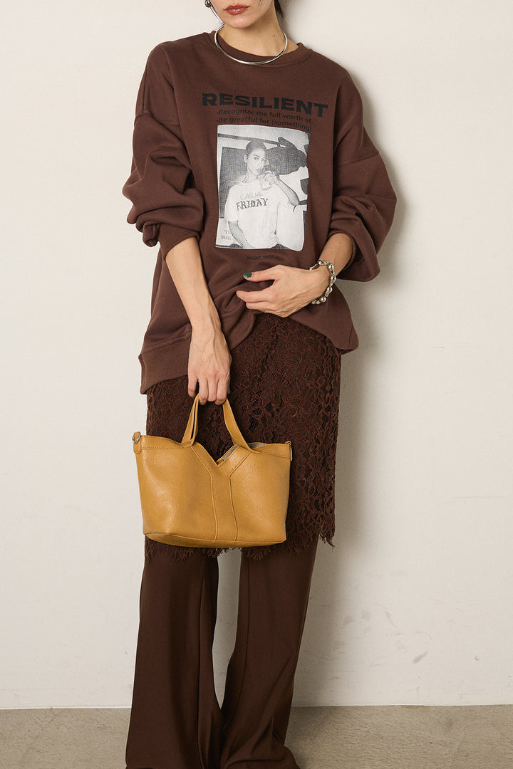 [SET]モノトーンプリントスウェット+レース刺繍レイヤードフレアパンツ(2set)