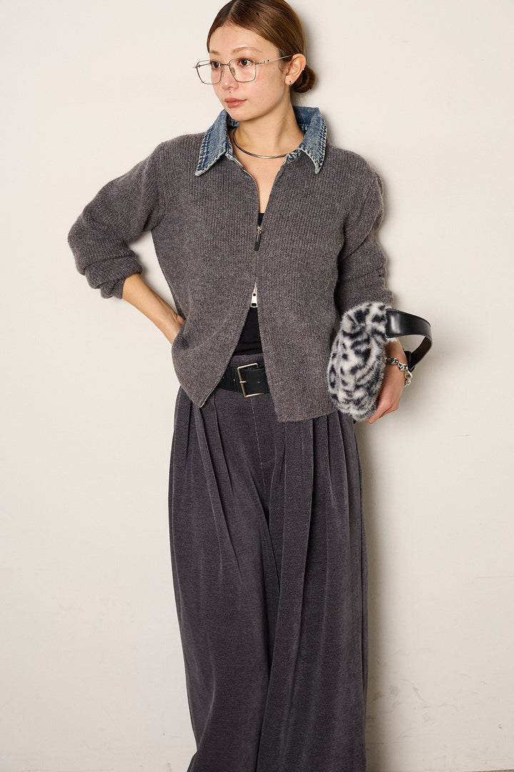 [SET]デニム襟ダブルジップニットトップス+ベルトループコーデュロイワイドパンツ(2set)