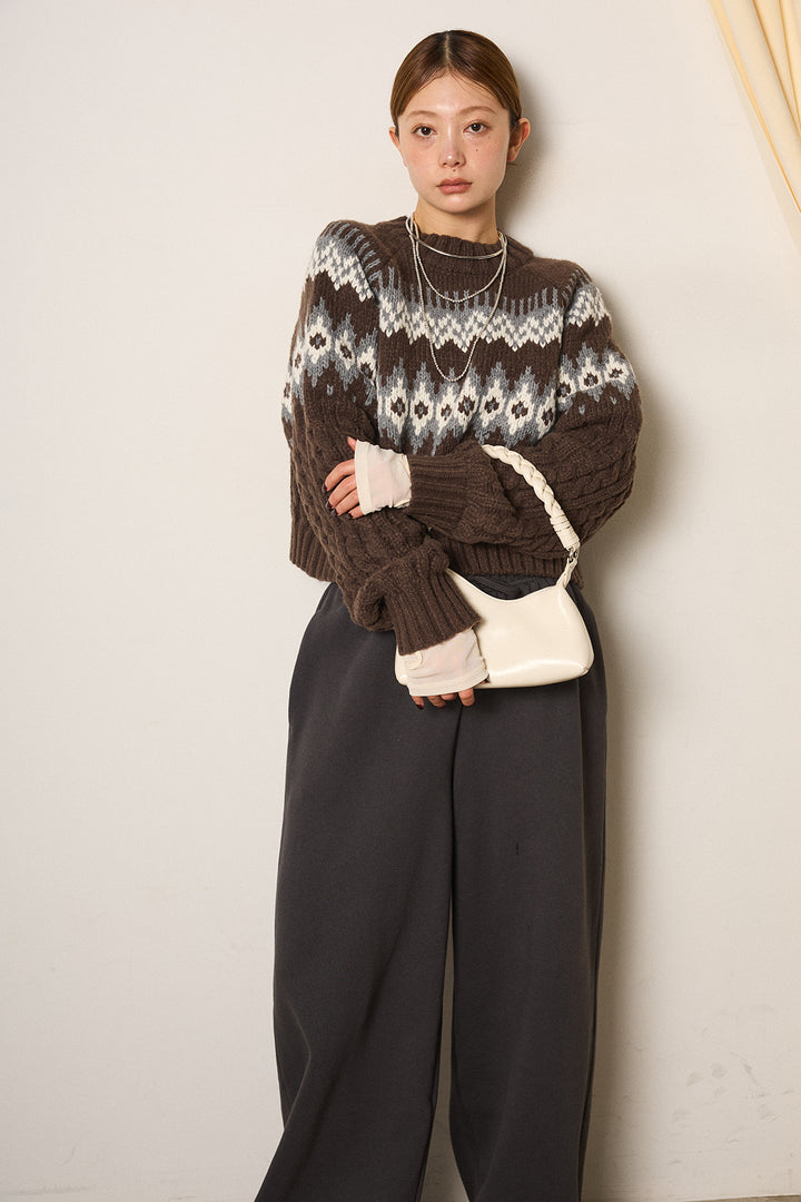 [SET]2WAY求心柄ジャガードショートカーディガン+裏起毛スウェットワイドパンツ+2WAY袖コード刺繍クルーネックプルオーバー(3set)