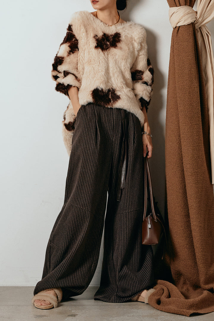 [SET]タイダイ柄シャギーニットトップス+レザーライク配色ストライプパンツ(2set)