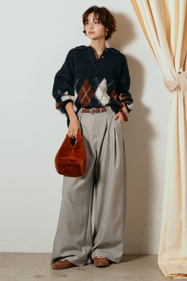 [SET]アーガイル柄ポロニットトップス+ストライプヘリンボーンパンツ(2set)